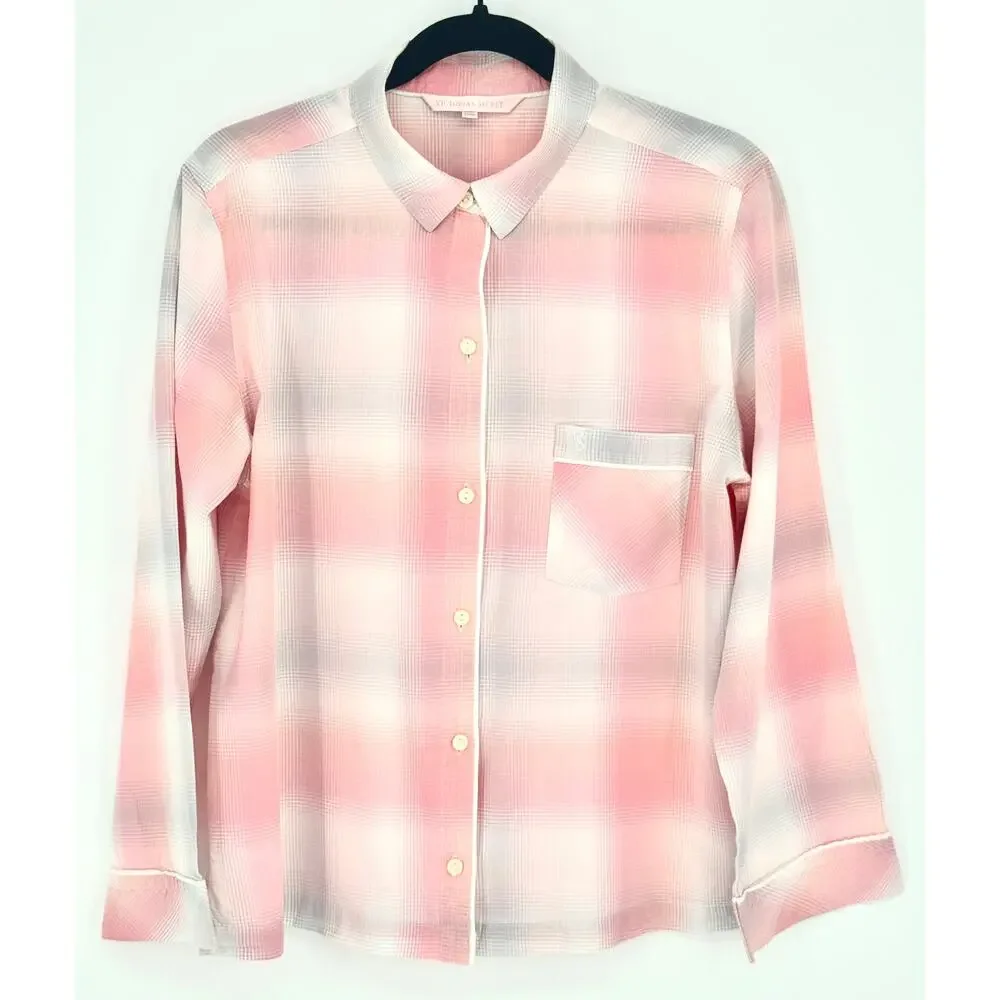 Victoria Secret Long Sleeve Pink Plaid Button Up 100% Cotton Shirt  Size M